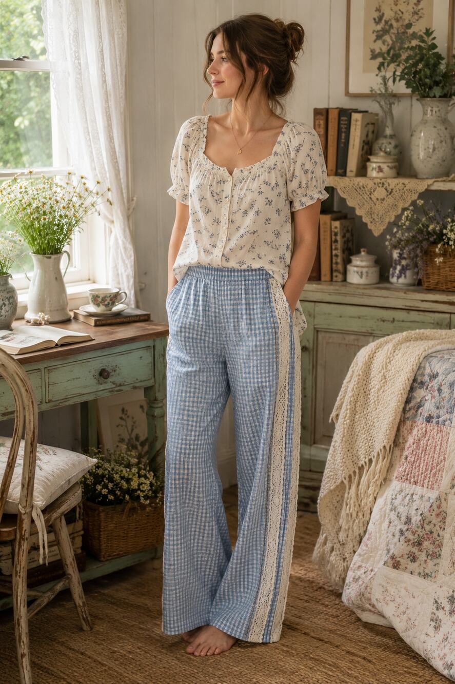 100% Cotton Old Navy Blue Gingham Wide Leg Pants M Eyelet Lace Cottagecore